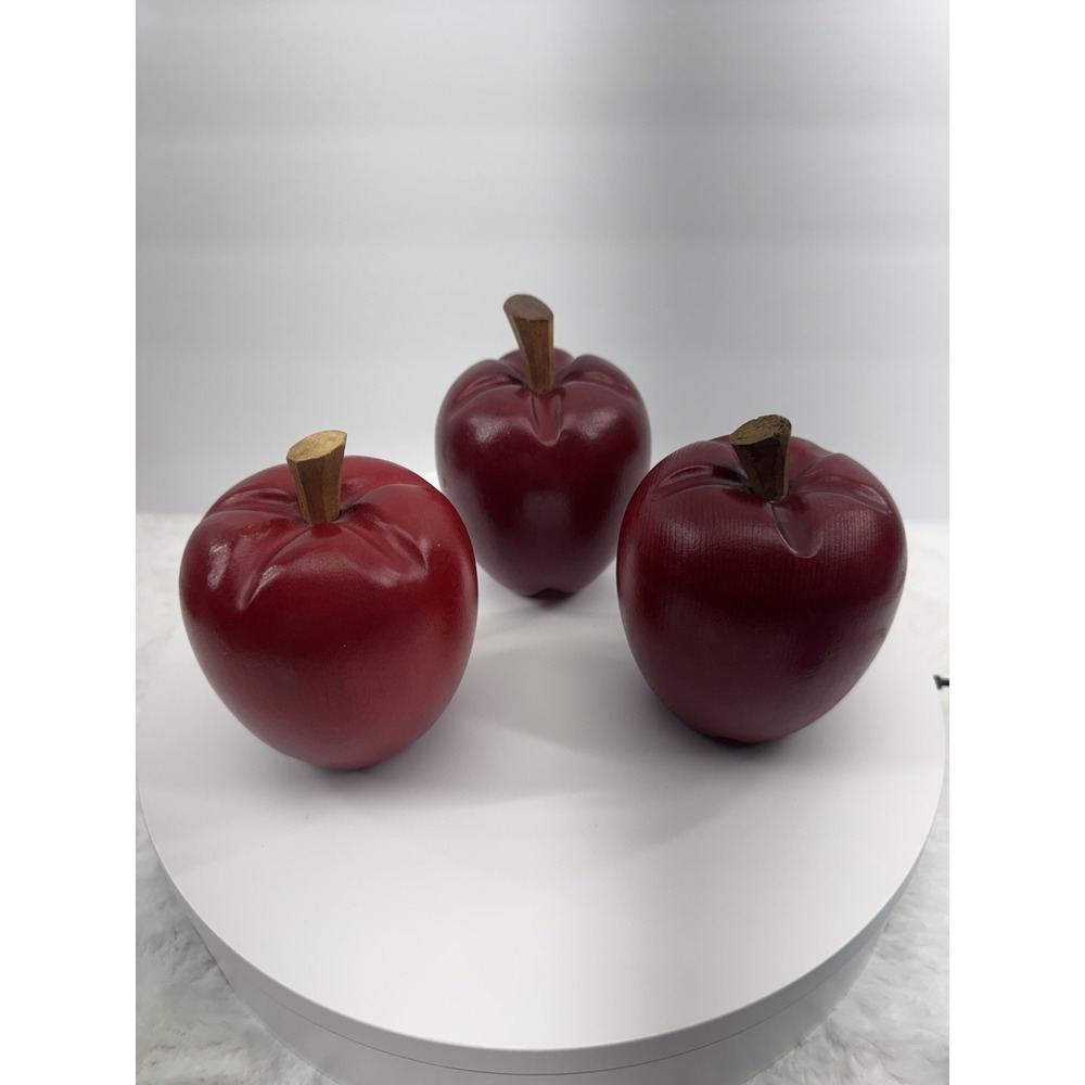 3 Faux Fruit Wood Wooden Red Apples Stems Realistic Farmhouse Decor Heavy - Picture 4 of 13